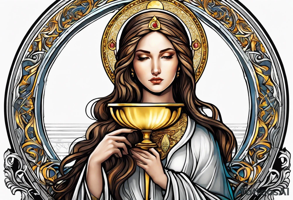 holy saint woman turned away with golden halo holding a chalice tattoo idea