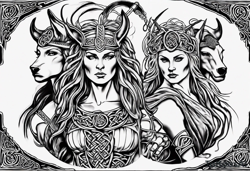 Celtic style Boudica in front on chariot with two daughters tattoo idea