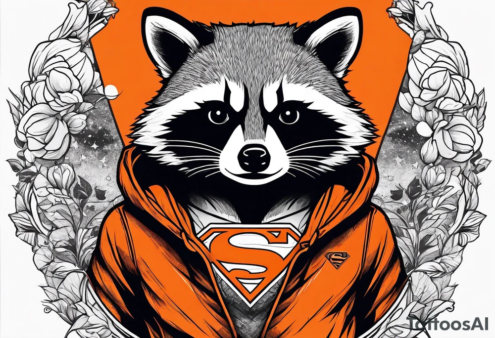 Raccoon wearing an orange Superman hoodie tattoo idea