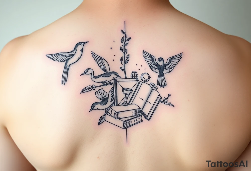 Minimalist fine line collage tattoo incorporating birds, nature, books, science tattoo idea