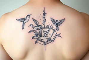 Minimalist fine line collage tattoo incorporating birds, nature, books, science tattoo idea