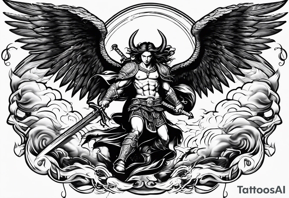 Saint Michael spearing the devil with stormy rain clouds lightning tattoo idea Saint Michael spearing the devil with stormy rain clouds lightning tattoo idea