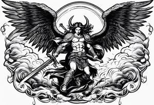 Saint Michael spearing the devil with stormy rain clouds lightning tattoo idea