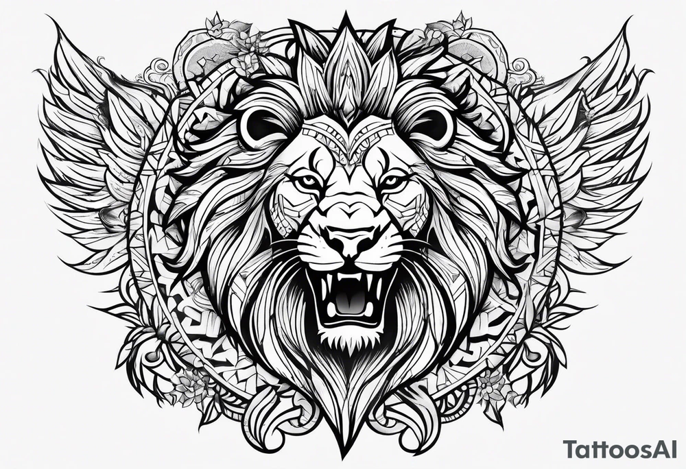 Tribal surrounding a lion arm sleeve tattoo idea