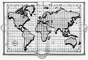 flat map of the word on a grid with a small compass compass tattoo idea