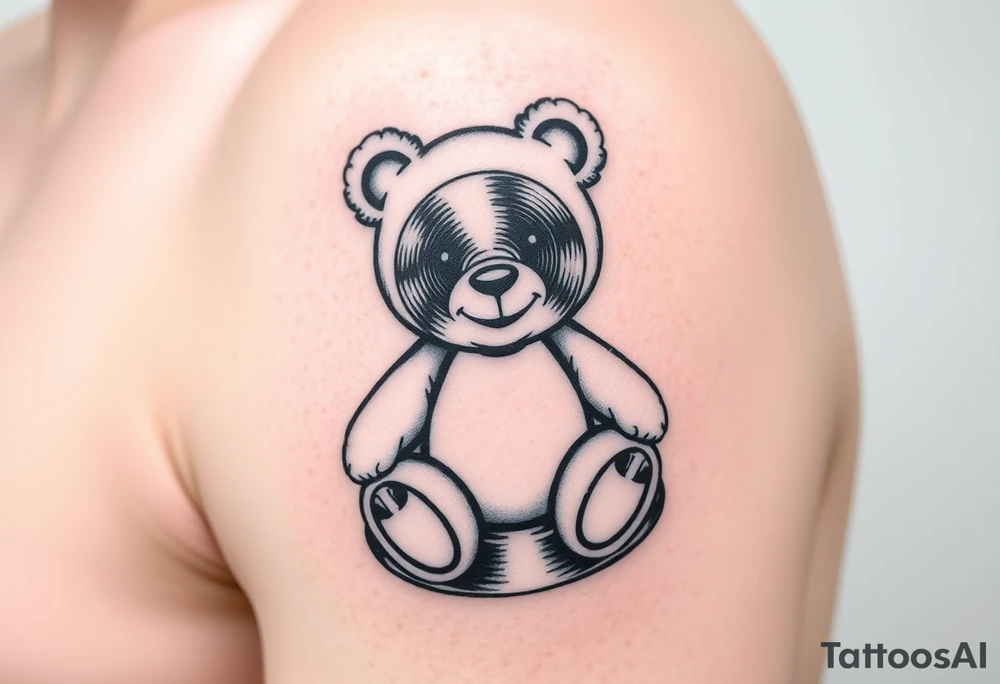 minimalist teddy bear with vinyl records as eyes smiling and sitting on a record tattoo idea