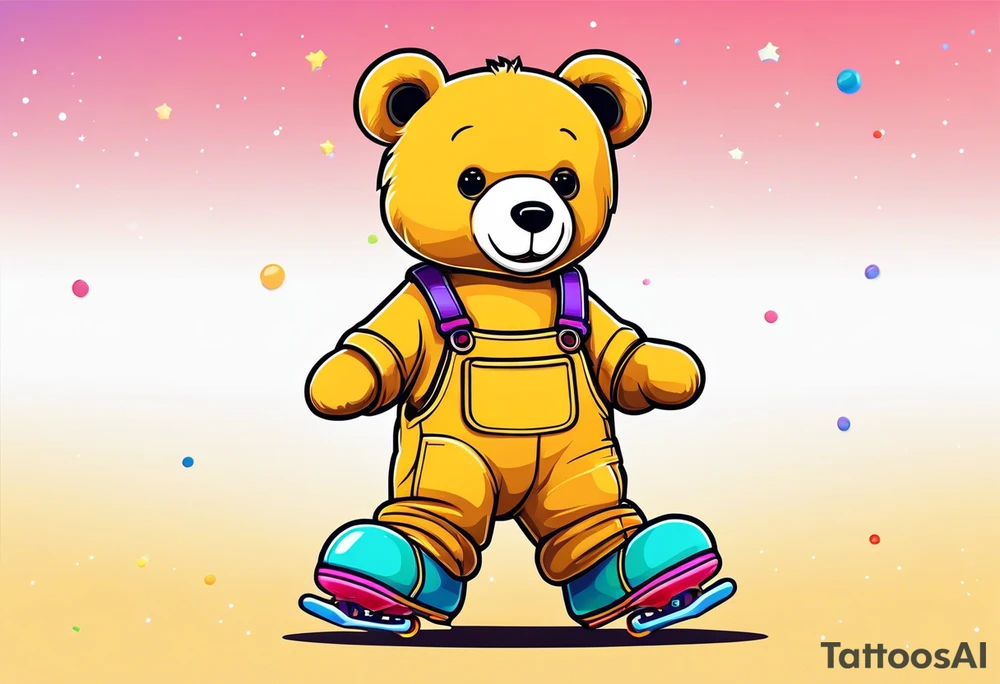 A light brown teddy bear in yellow overalls, wearing rainbow colored skates tattoo idea