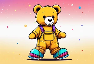 A light brown teddy bear in yellow overalls, wearing rainbow colored skates tattoo idea