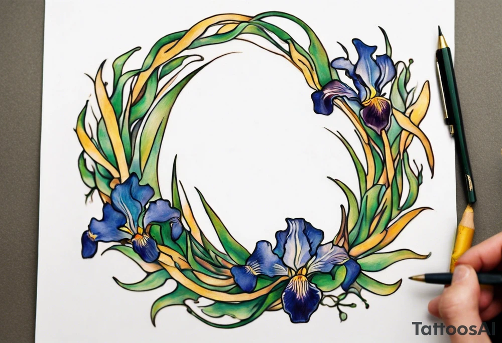 Create a small, colorful Vincent van Gogh Irises tattoo in the form of a crescent, with vines gracefully intertwining at a central point in the middle of the wreath. The intended placement is on the upper chest. The overall design should be small in size while maintaining a delicate and artistic aesthetic. Pay attention to the graceful flow of the vines and the placement of the irises to achieve a refined and elegant look. tattoo idea