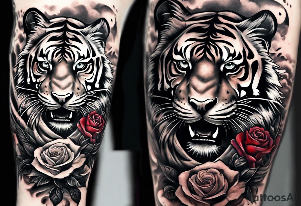 Full right arm sleeve  tiger with a crown and third eye with a hour glass instead the hour glass brain cover in in clouds and a heart cover in grass and roots with roses and smoke all over the arm tattoo idea