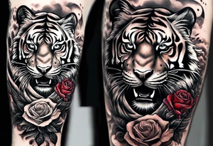 Full right arm sleeve  tiger with a crown and third eye with a hour glass instead the hour glass brain cover in in clouds and a heart cover in grass and roots with roses and smoke all over the arm tattoo idea