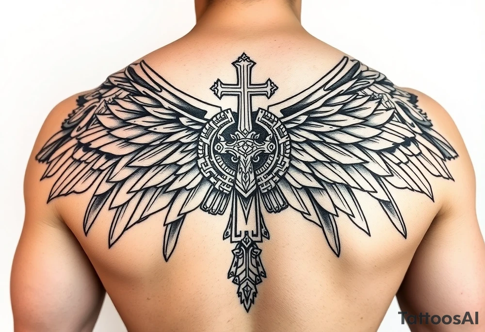 help me brainstorm some ideas and or concepts for a tattoo. I want to incorporate my Mexican culture, especially my Aztec roots, as well as my Christian faith. I want it to look like I’m wearing Aztec armor tattoo idea