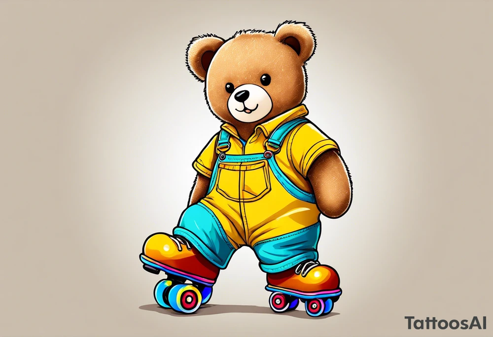 A light brown teddy bear in yellow overalls, wearing rainbow colored rollerskates tattoo idea