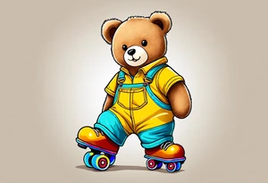 A light brown teddy bear in yellow overalls, wearing rainbow colored rollerskates tattoo idea