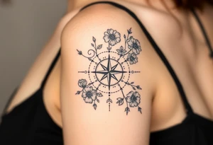Abstract Compass surrounded with wild flowers tattoo idea