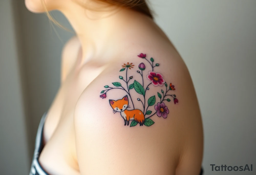 wild hibiscus and meadow flowers with morning dew drops and foxes tattoo idea