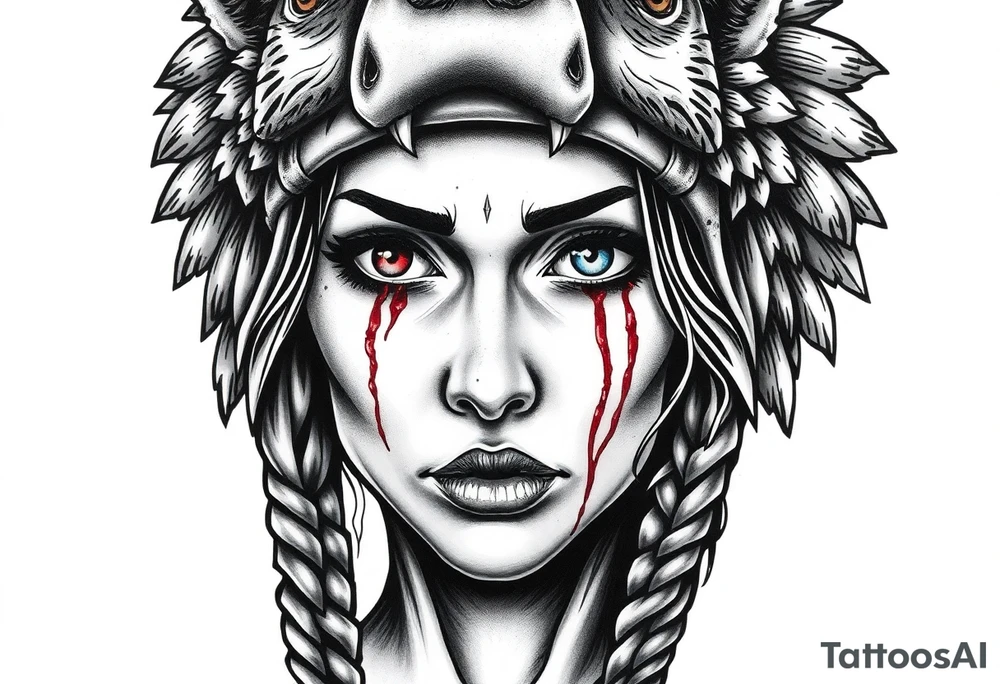 Beautiful Womans with colored eyes, shedding a tear, with battle scars and blood on face, wearing a mean looking bear headdress on head tattoo idea