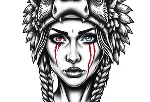 Beautiful Womans with colored eyes, shedding a tear, with battle scars and blood on face, wearing a mean looking bear headdress on head tattoo idea