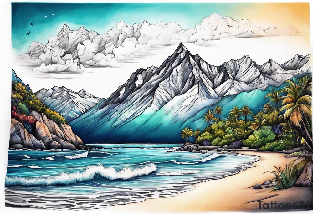 Beach and mountains tattoo idea