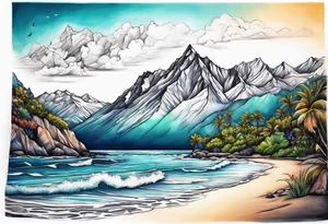 Beach and mountains tattoo idea