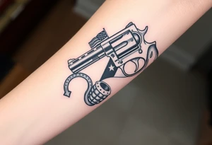 Revolver, American flag, state of florida, grenade, horseshoe, bulldog and blended into a half forearm sleeve with designed filling for a full arm sleeve tattoo idea