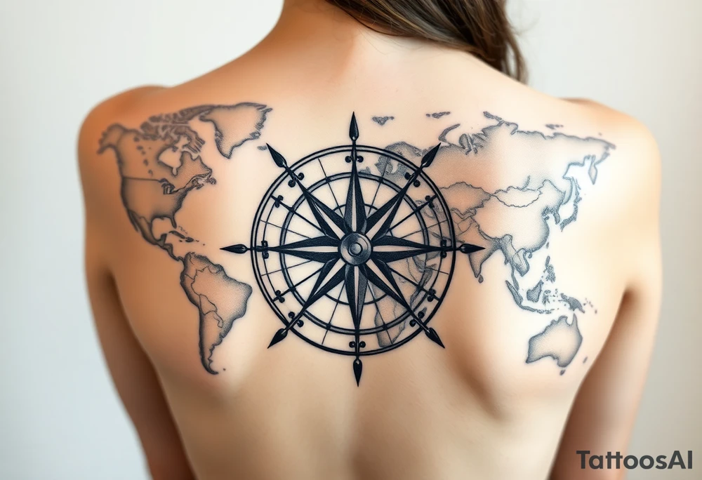 antique compass rose overlaid on weathered world map with sailing ships tattoo idea