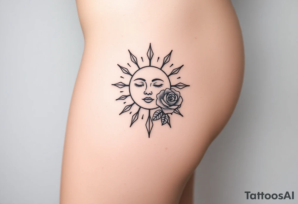 Sun with simple face, rose, and crab traditional tattoo idea