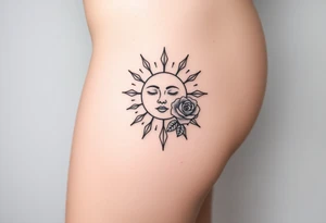 Sun with simple face, rose, and crab traditional tattoo idea