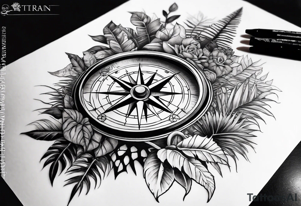full sleeve tattoo with jungle plants and viking compass tattoo idea