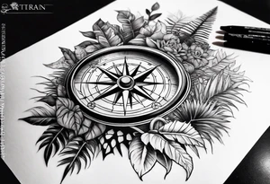 full sleeve tattoo with jungle plants and viking compass tattoo idea