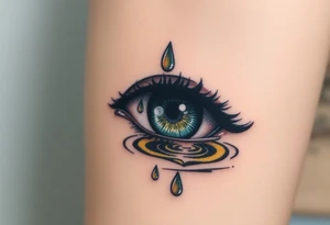 Teary eye with A collection of teardrops falling down into a still pool, with soft ripples in golden and silver hues, symbolizing how tears spread healing. tattoo idea