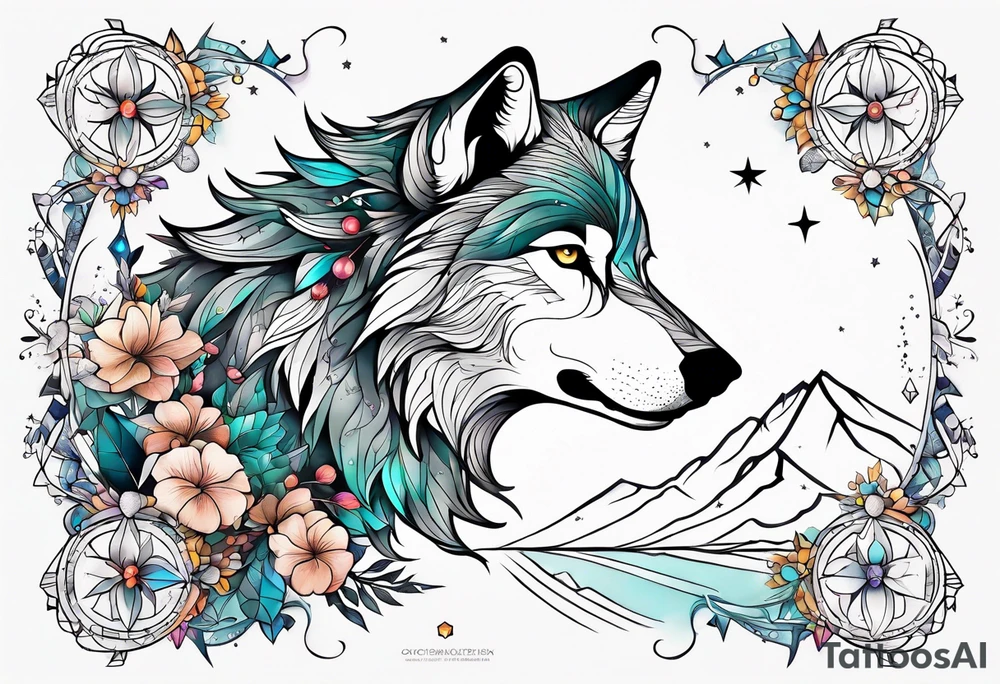 Constellation, animal wolf snow , géométric , flower tattoo idea