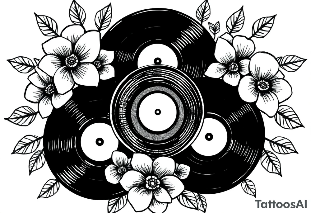 vinyl records surrounded by flowers tattoo idea