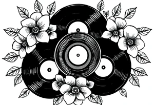 vinyl records surrounded by flowers tattoo idea