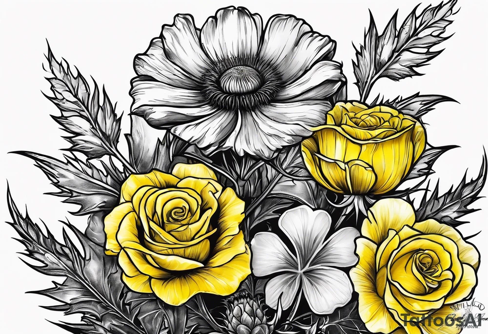 3 flowers, A thistle and a yellow rose and a shamrock, whose stems spell K N D. tattoo idea