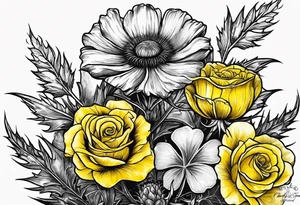 3 flowers, A thistle and a yellow rose and a shamrock, whose stems spell K N D. tattoo idea