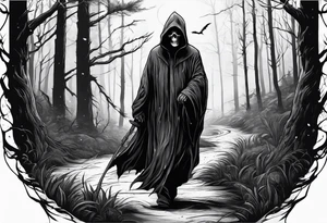 grim reaper walking forest tattoo idea