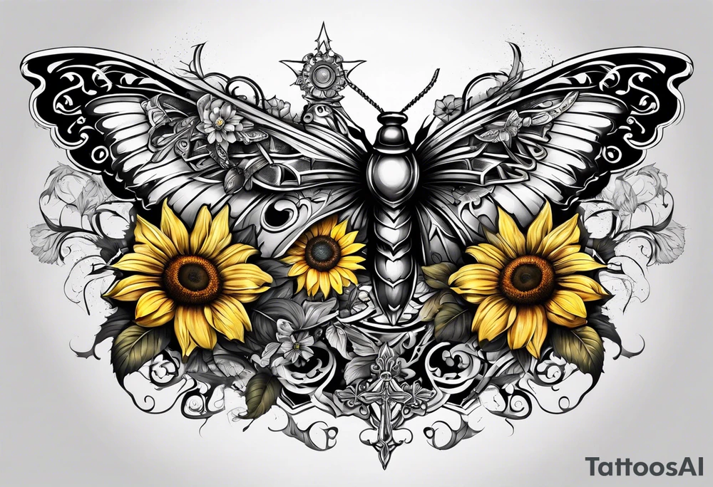 Winged cross with sunflower and butterflies tattoo idea