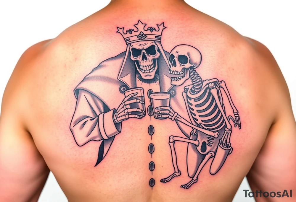 evil skeleton king in clothes having a good time getting drunk with skeleton dog tattoo idea