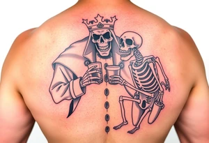 evil skeleton king in clothes having a good time getting drunk with skeleton dog tattoo idea