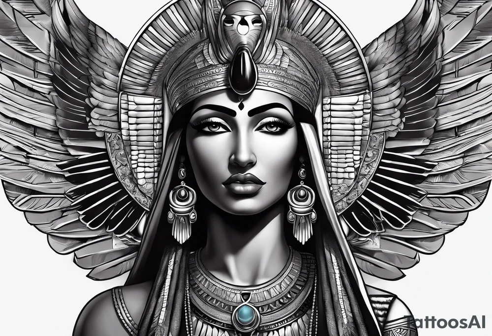 black and gray photo realistic goddess isis with minimal detail tattoo idea