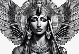black and gray photo realistic goddess isis with minimal detail tattoo idea