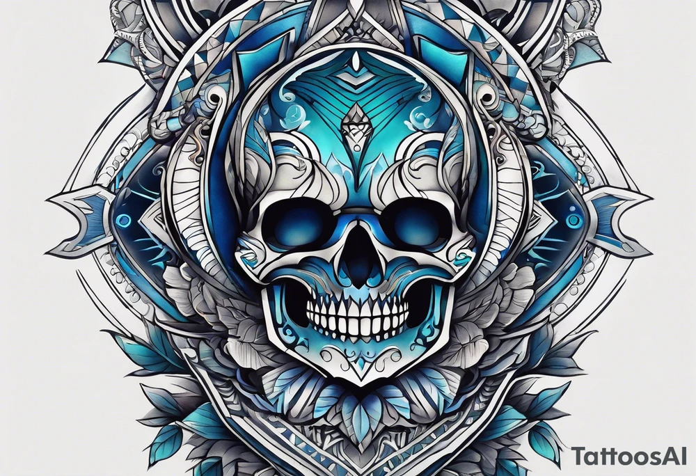 semi Detailed neo traditional knee tattoo flat on paper. The tattoo features geometric patterns and bold lines, creating a visually striking design with slight tints of deep fall colors. outside the tattoo features deep blues washes and water swirls tattoo idea