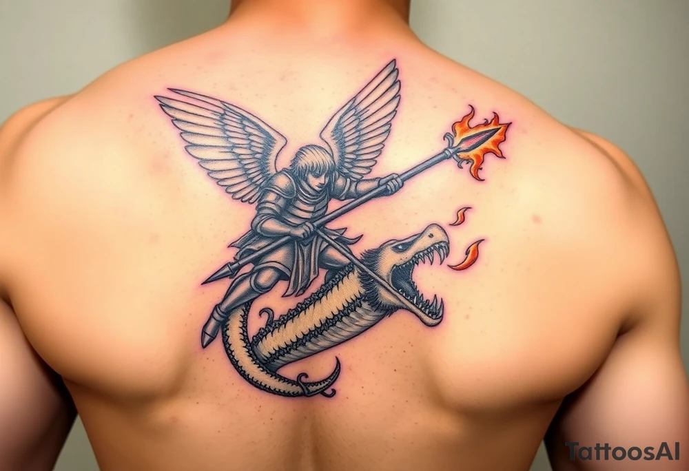 a angel in armor wielding a spear fighting a sea serpent that breathes fire tattoo idea