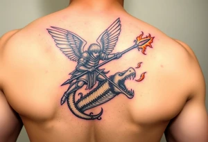 a angel in armor wielding a spear fighting a sea serpent that breathes fire tattoo idea