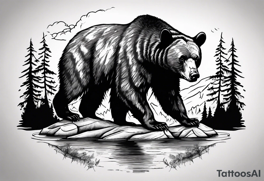 black bear over a forest with a lake below tattoo idea