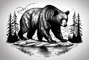 black bear over a forest with a lake below tattoo idea