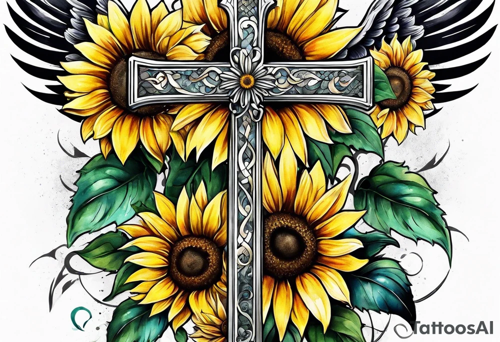 Winged cross with sunflower arm sleeve tattoo idea