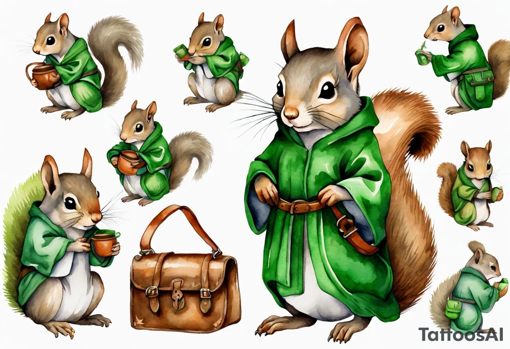 medieval grey squirrel in green robe with a large satchel tattoo idea