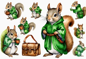 medieval grey squirrel in green robe with a large satchel tattoo idea
